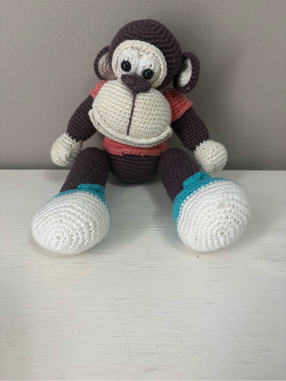 Handmade Crochet Monkey Plush in Purple, Cream & Teal Accent